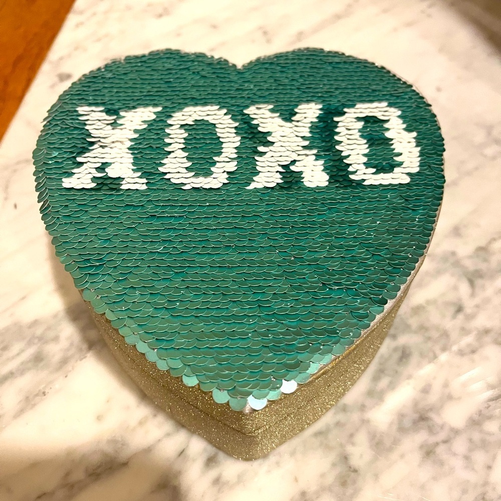 Pottery Barn Kids heart shaped trinket box with flip message in sequins